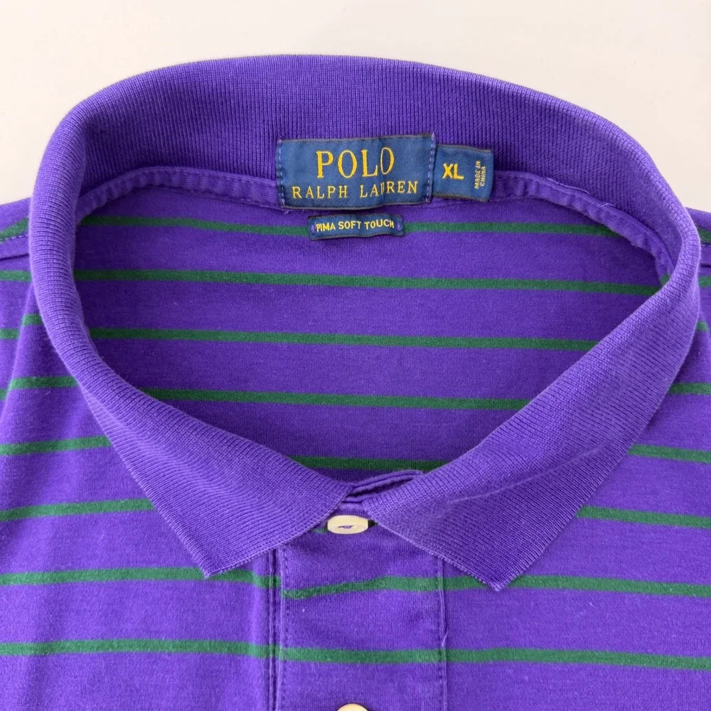 Polo Ralph Lauren Polo Shirt Men XL Purple Green Striped Pima Soft Touch Pony